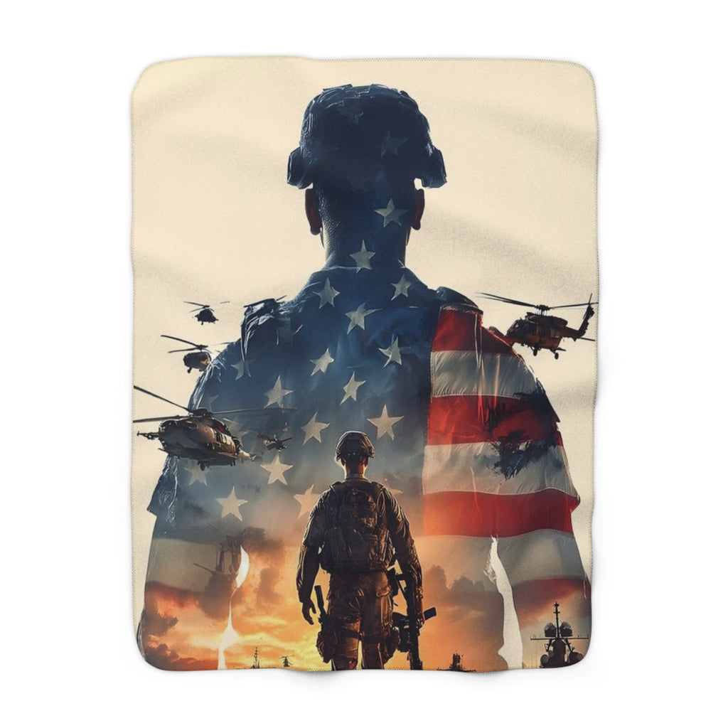 American Flag Soldier Sherpa Fleece Blanket | Patriotic Military Throw