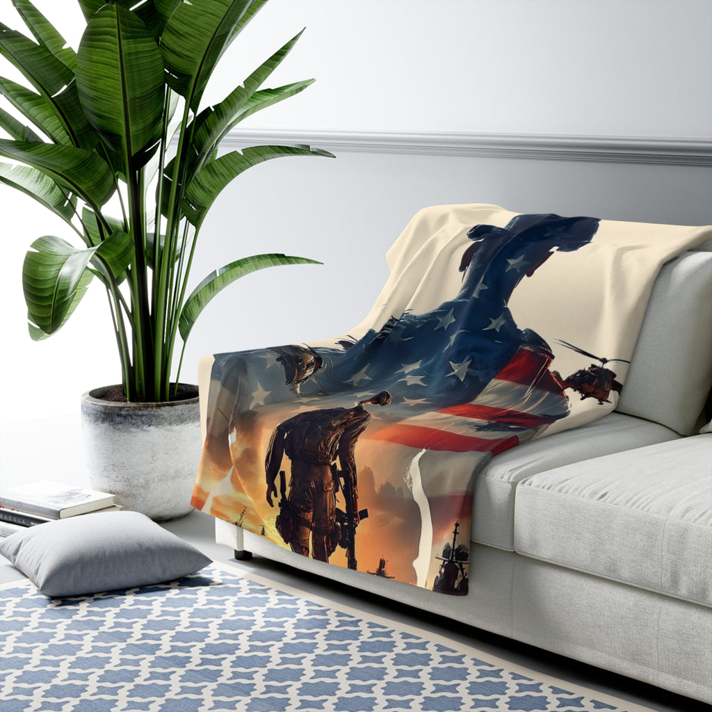 American Flag Soldier Sherpa Fleece Blanket | Patriotic Military Throw